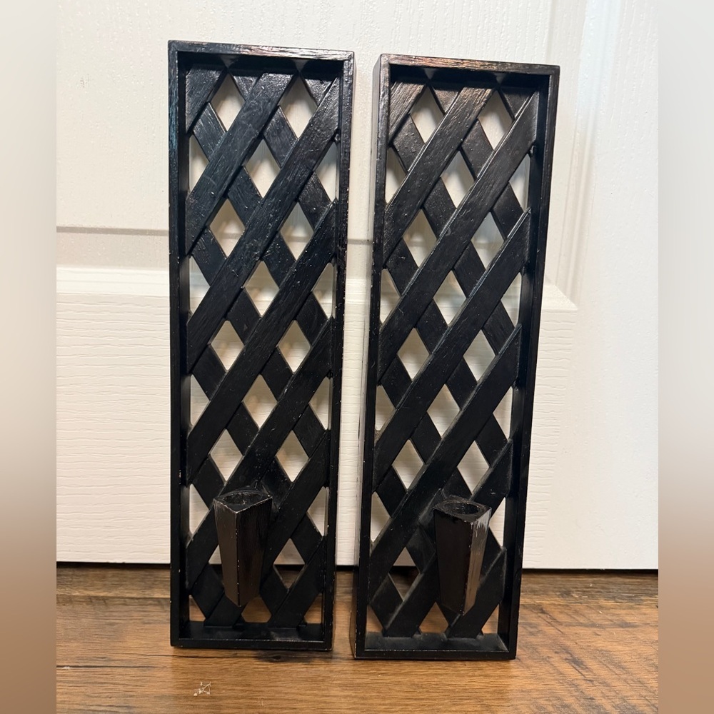 Mid-Century, vintage Syroco Style black Lattice Candle Holder Scones - A Pair